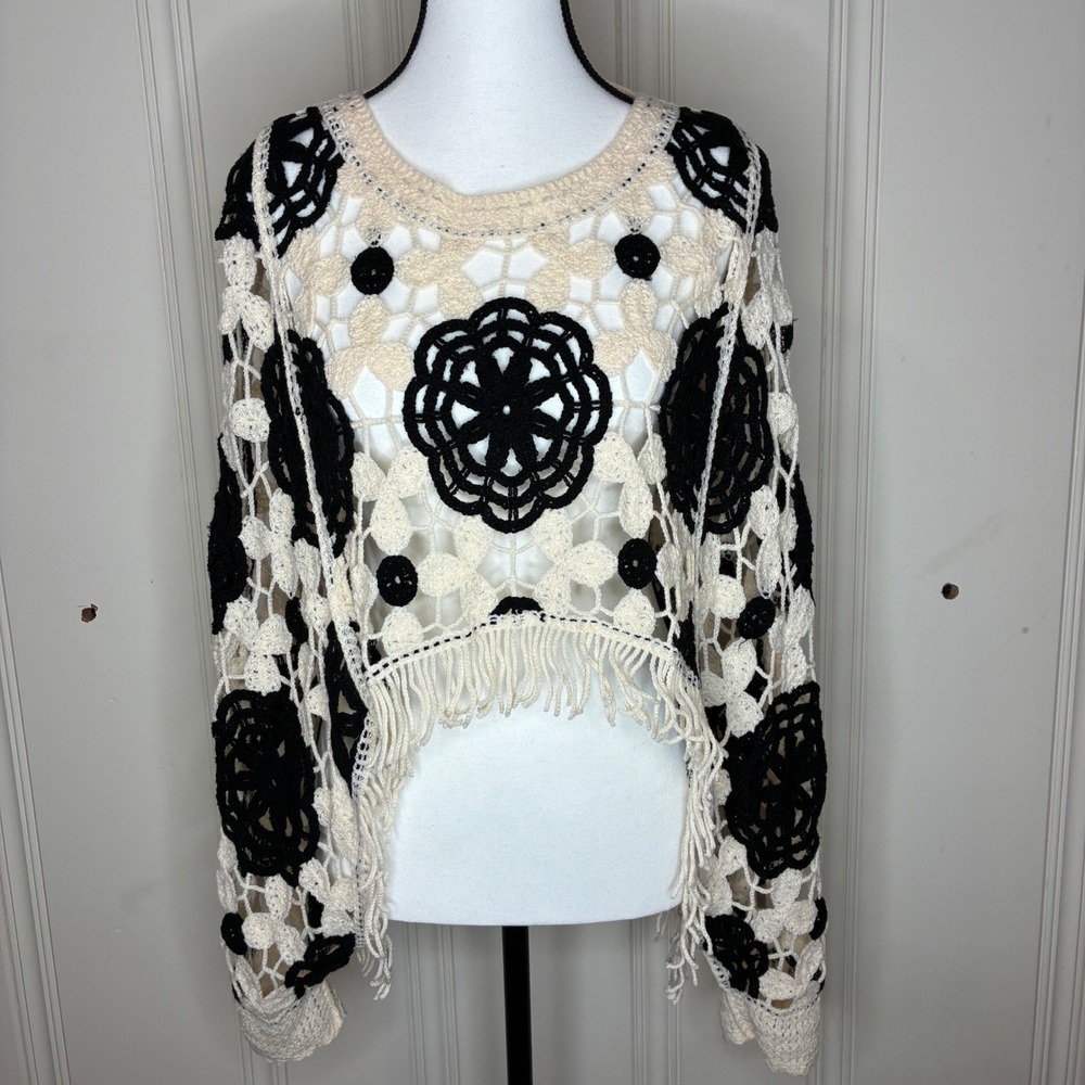 No Brand Boho Crochet Knit Fringe Crop Sweater Top Festival Open Knit Whimsigoth